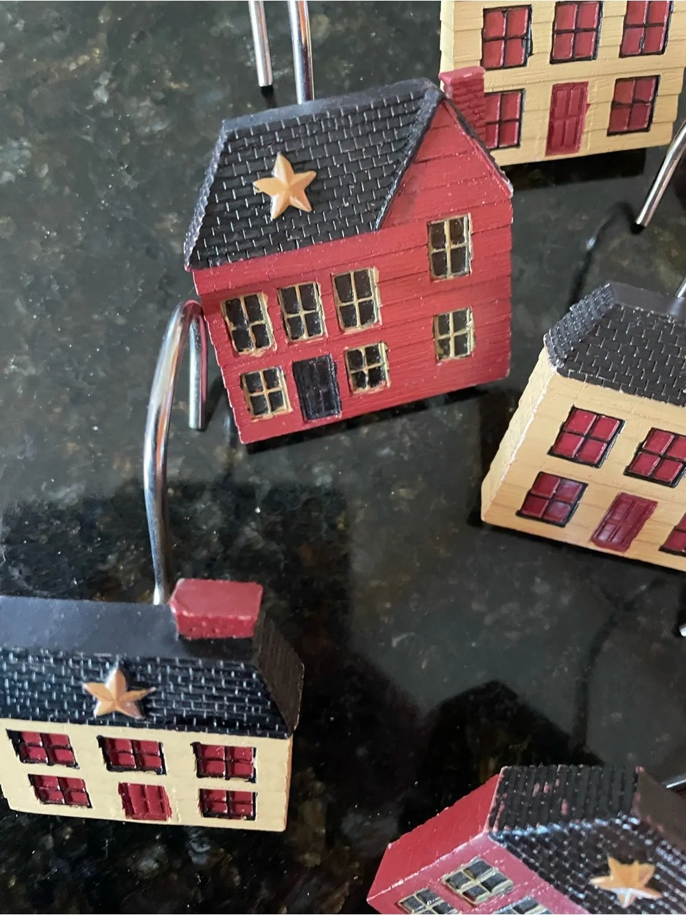 Shower Curtain Hooks - Primitive Distressed-Red Black & Cream Houses - Set of 12